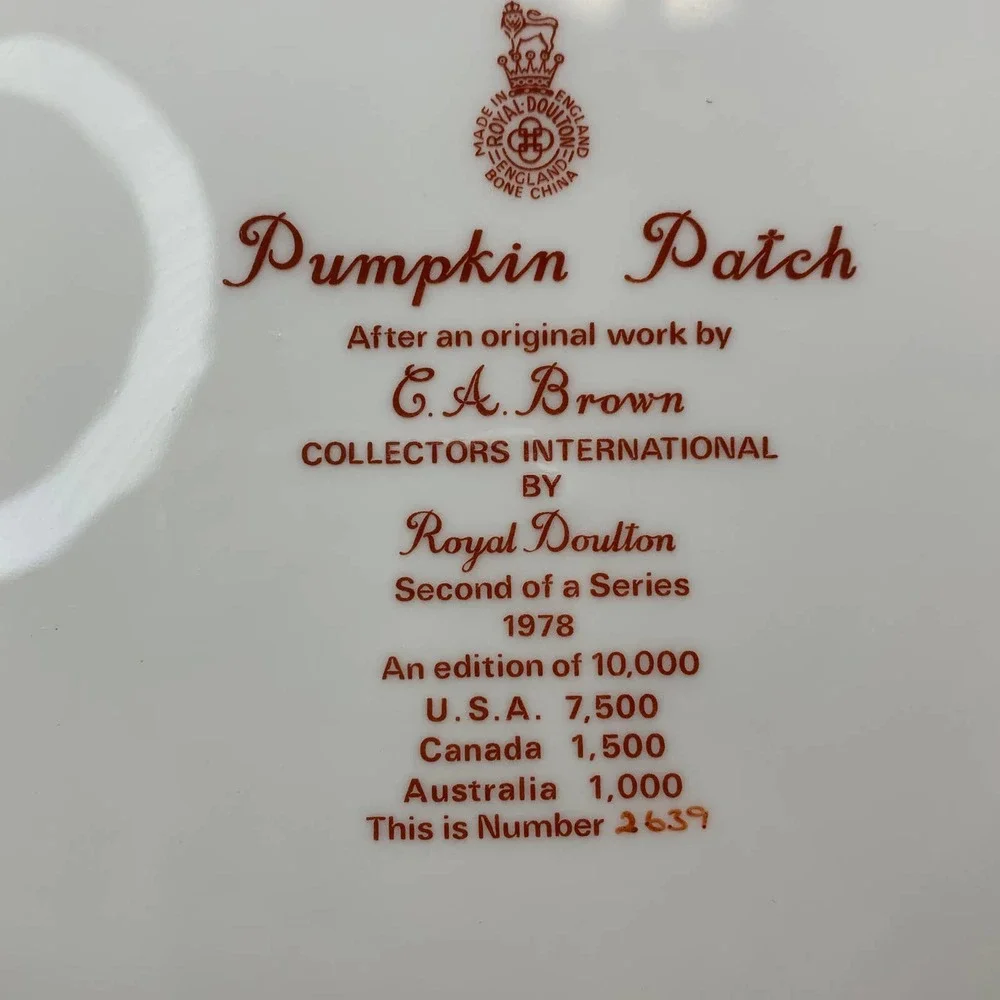 Vtg Marked ROYAL DOULTON 1978 Limited Edition Pumpkin Patch Plate CR BROWN #2639 - Picture 4 of 11